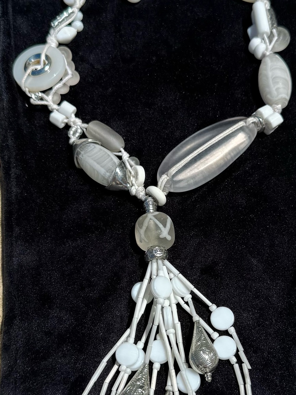 Chicos vintage White Sea glass and silver Beaded Tassel Necklace